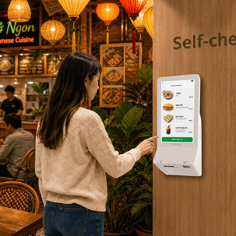 VariKiosk S156 wall-mounted in a fast-food setting