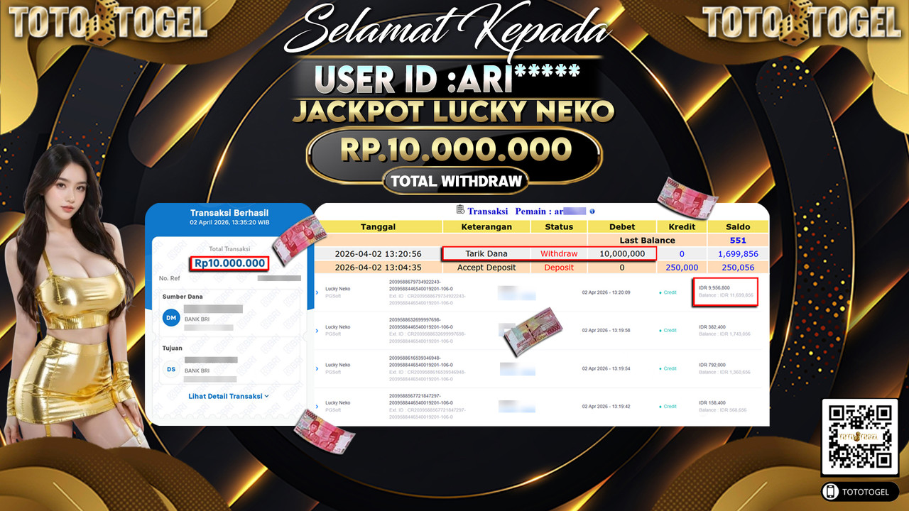 Bukti Pembayaran Jackpot Permainan Slot Lucky Neko ID:ARI*****LUNAS