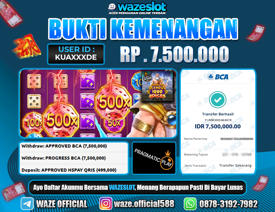 BUKTI KEMENANGAN 11 JUNI 2025 DI GAME GAETS OF OLYMPUS 1000 DICE