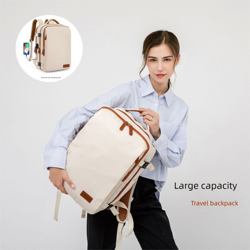 Pink Large Capacity Backpack with USB Charging Port and Waterproof Fabric for Travel Work and Daily Use