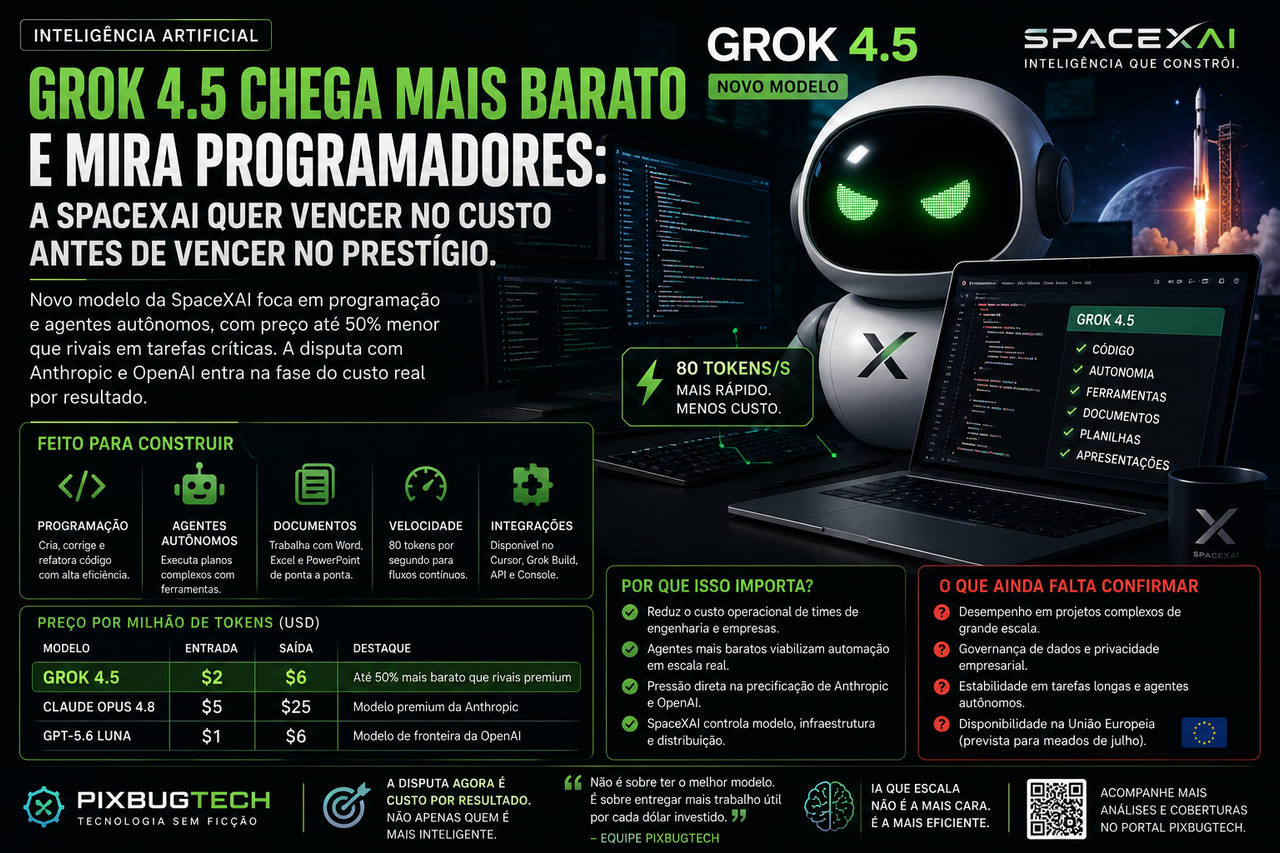 Grok 4.5 chega mais barato e mira programadores: a SpaceXAI quer vencer no custo antes de vencer no prestígio