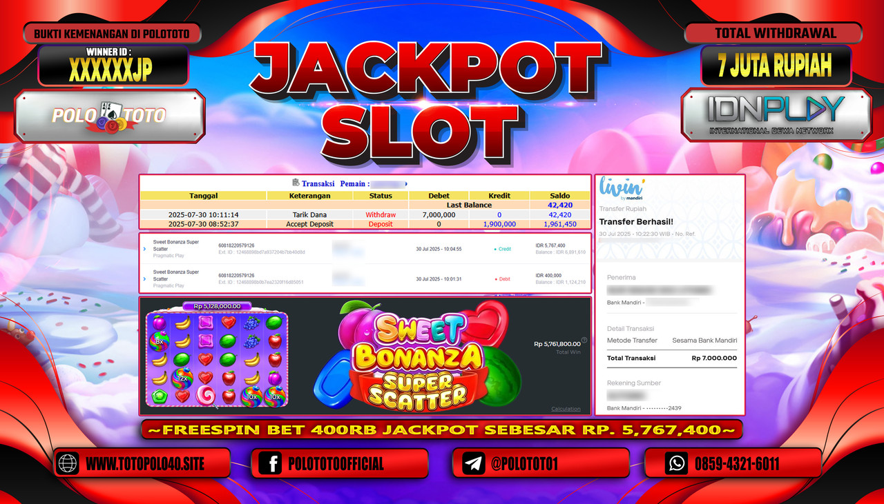 POLOTOTO JACKPOT SLOT SWEET BONANZA SUPER SCATTER Rp.7.000.000,- LUNAS
