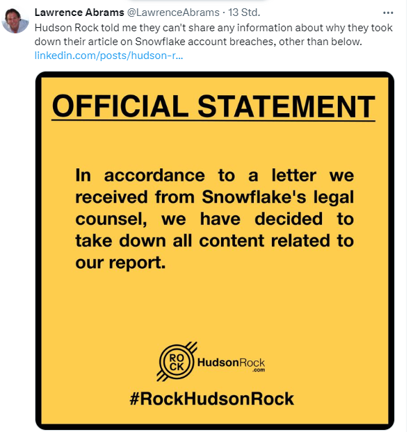 Hudson Rock Snowflake article take down