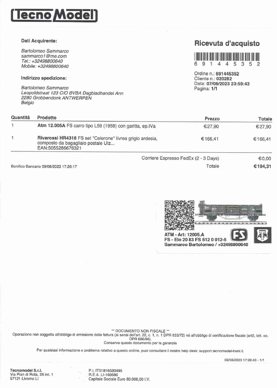 Tecnomodel - Ordine 691445352 - ATM Art 12005A Carro Aperto con Garitta   Rivarossi Art HR4318 Set C