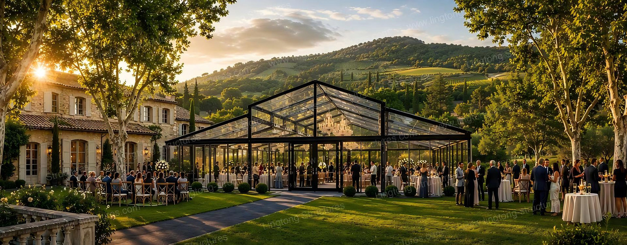 Atrium tent exterior view at a Provence wine estate with transparent roof and historic stone building