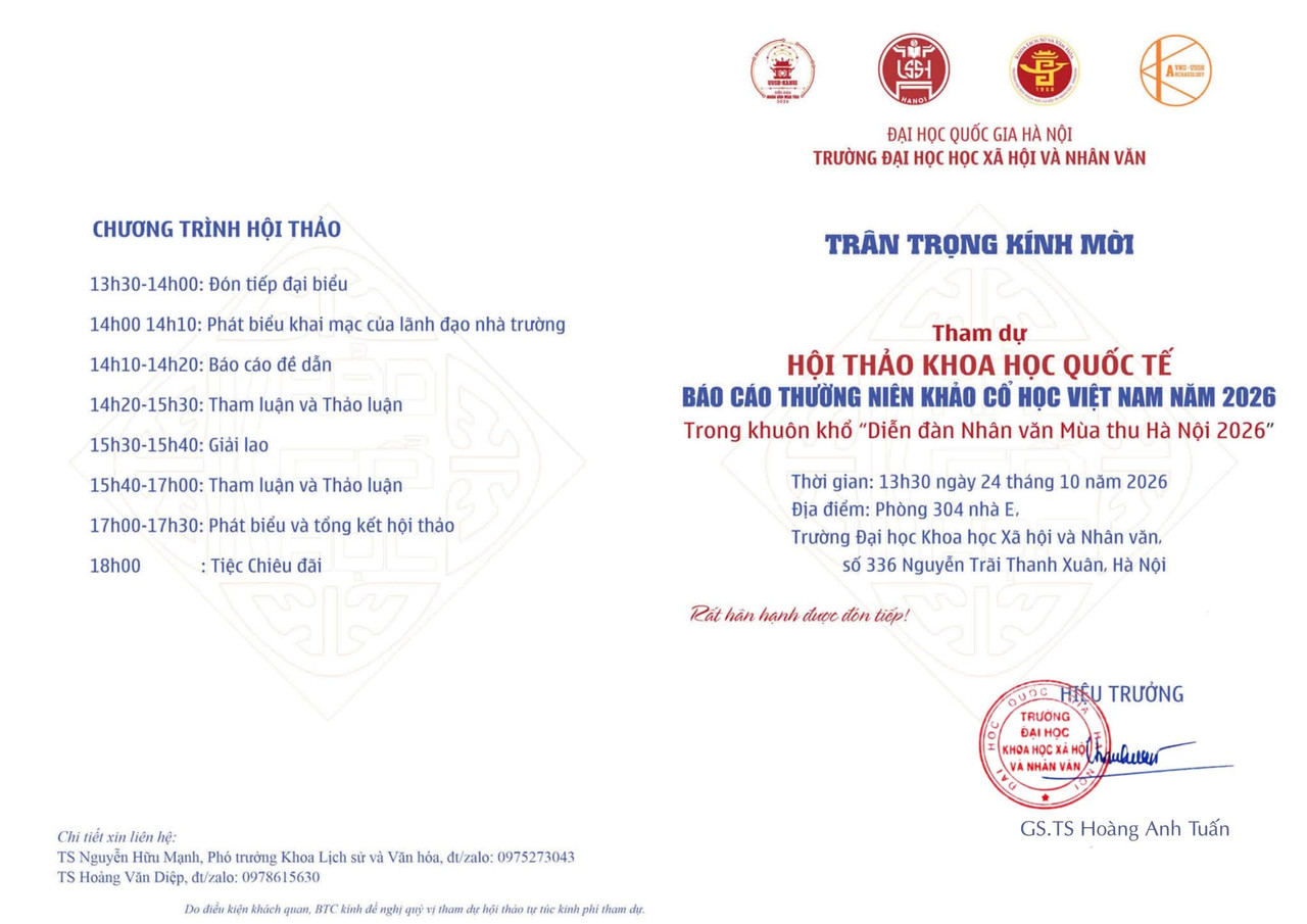 Giấy mời và Chương trình Hội thảo khoa học quốc tế Báo cáo thường niên Khảo cổ học Việt Nam năm 2026