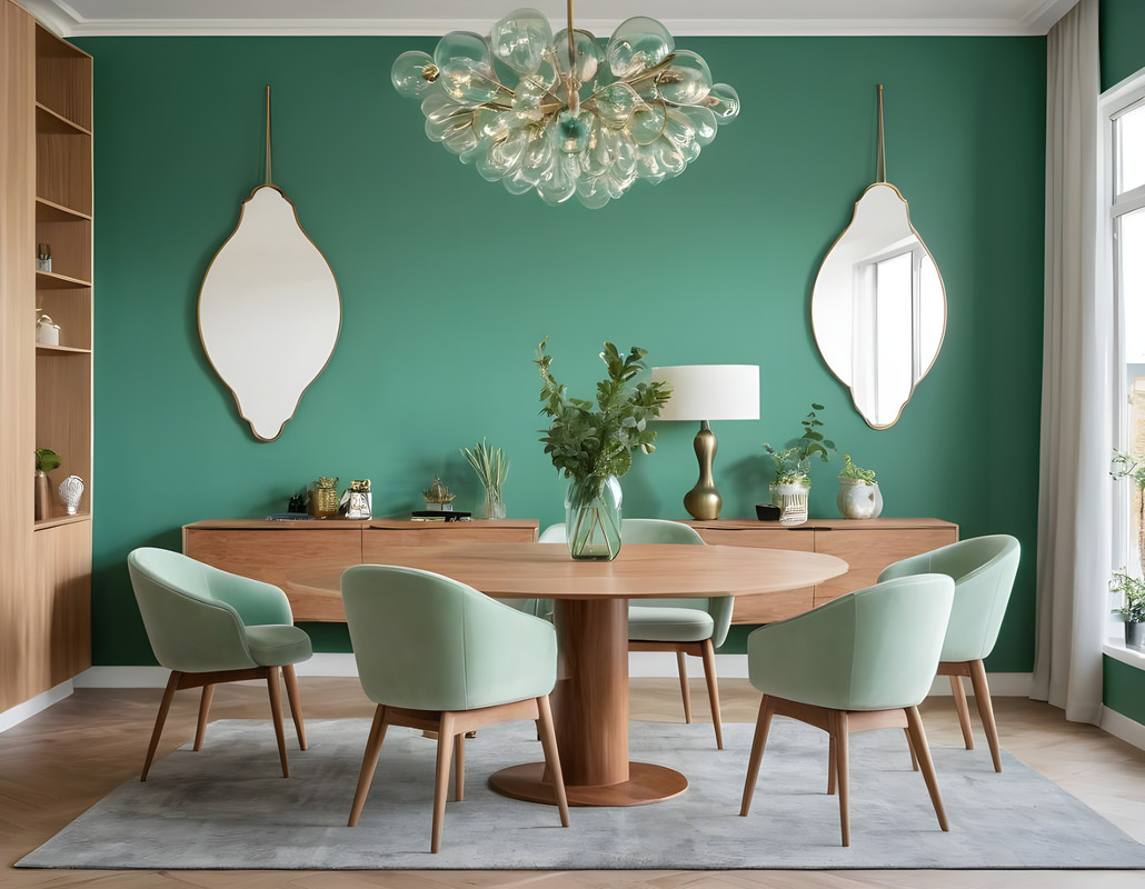 Mid-Century Modern Dining Room Design with Teal Velvet Chairs