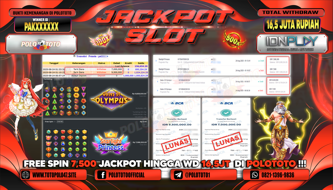 POLOTOTO JACKPOT SLOT GATES OF OLYMPUS & STARLIGHT PRINCESS Rp.16.500.000,-
