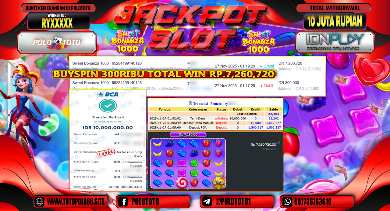 POLOTOTO JACKPOT SLOT SWEET BONANZA 1000 Rp.10.000.000,- LUNAS