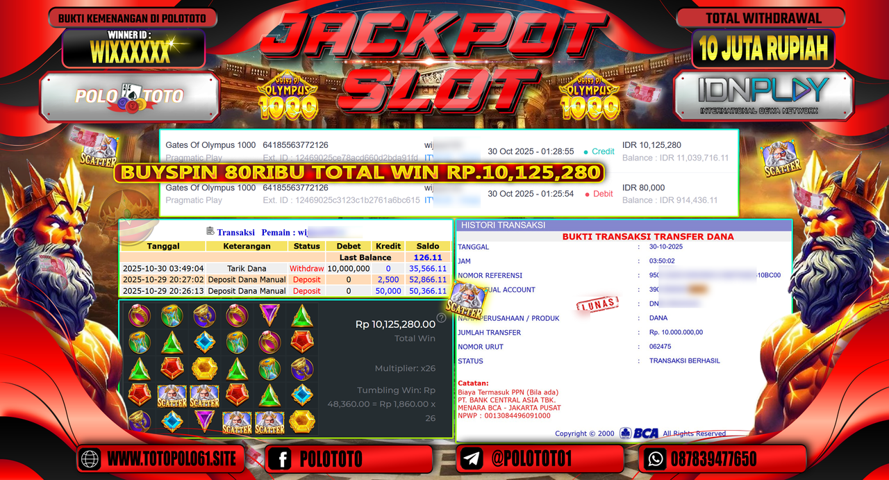 POLOTOTO JACKPOT SLOT GATES OF OLYMPUS 1000 Rp.10.000.000,- LUNAS
