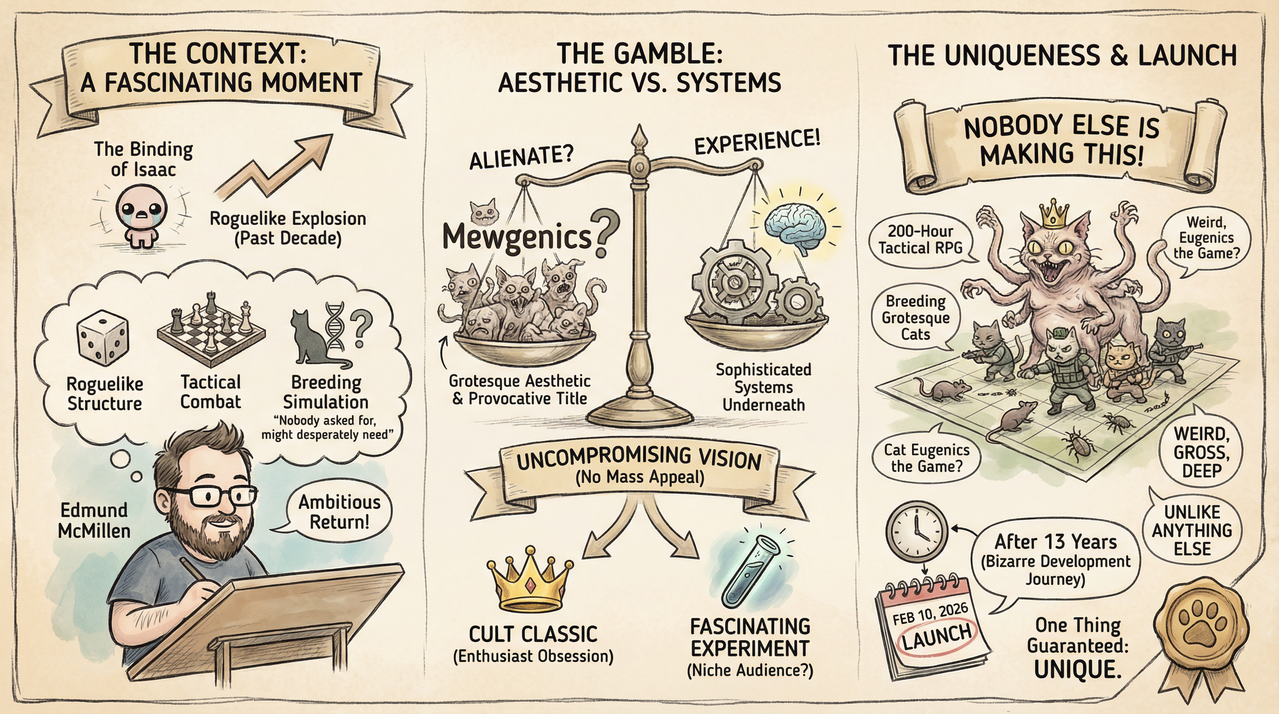 Cute cat with dramatic lighting representing Mewgenics gameplay