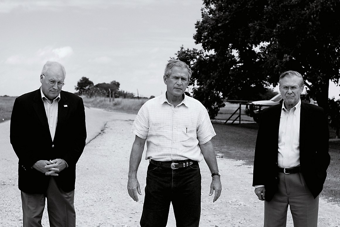 President George W. Bush, at his Crawford, Texas, with Vice President Dick Cheney and Secretary of Defense Donald Rumsfeld