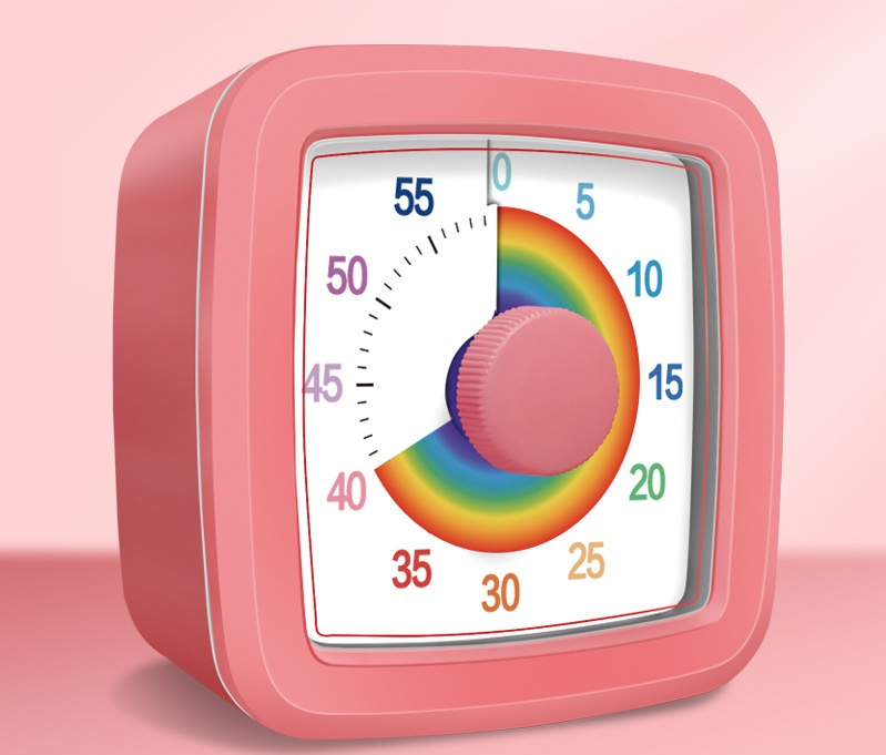 Pink Visual timer for kitchen – a 60-minute rainbow countdown timer, silent operation, suitable for cooking, studying, and everyday tasks. Battery powered (batteries not included), made of ABS plastic