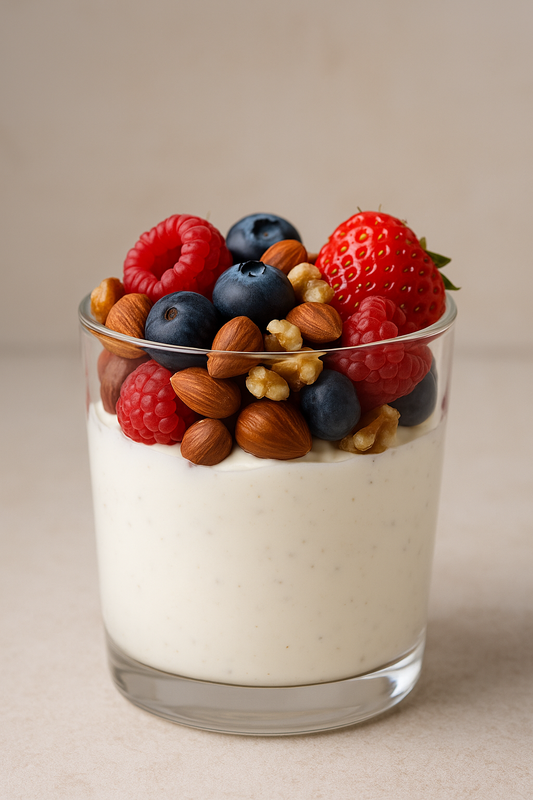 Skyr-Parfait mit Beeren und Nüssen im Glas