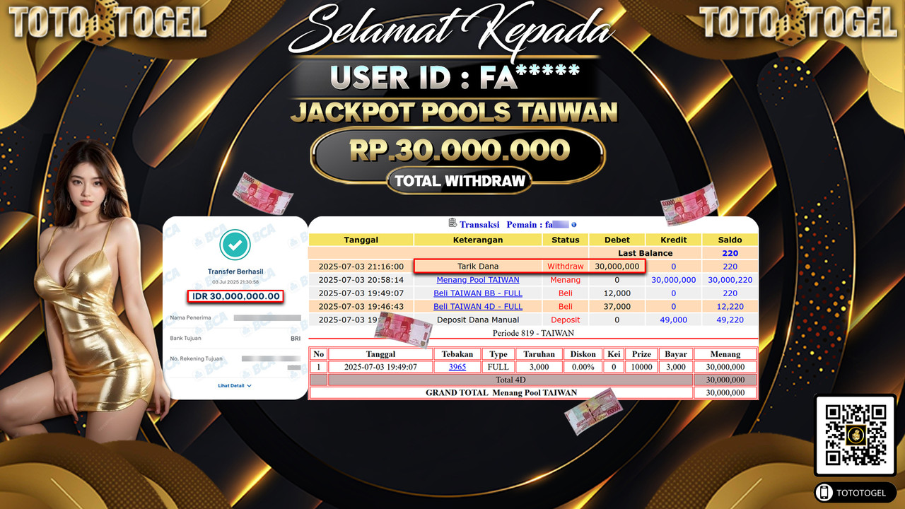 Bukti Pembayaran Jackpot Permainan Togel Pools Taiwan ID:FA***** LUNAS