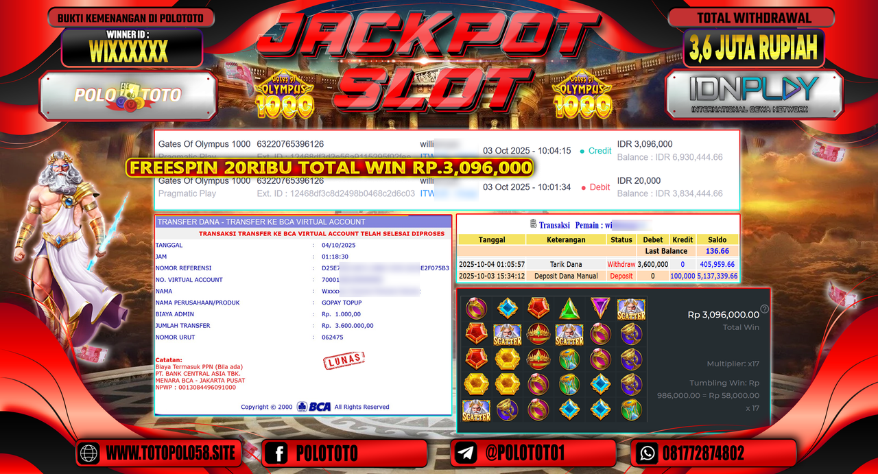POLOTOTO JACKPOT SLOT GATES OF OLYMPUS 1000 Rp.3.600.000,- LUNAS