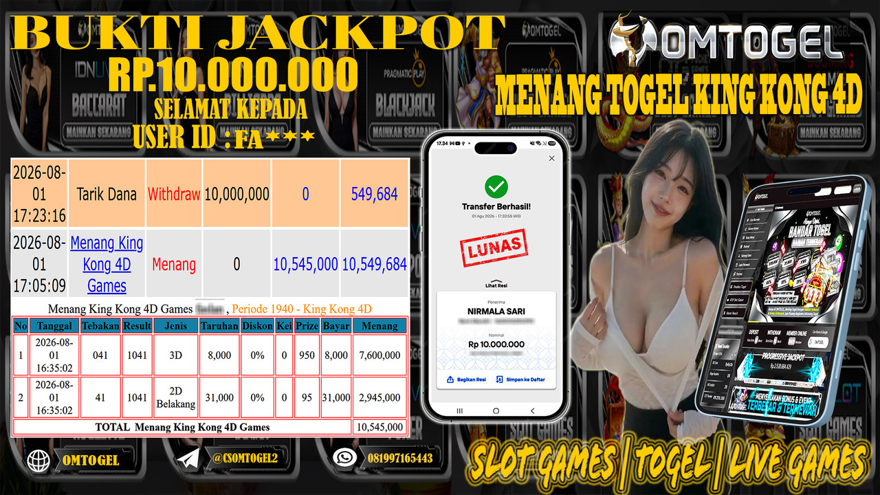 OMTOGEL JACKPOT MENANG TOGEL KING KONG 4D Rp,10,000,000,- DIBAYAR LUNAS