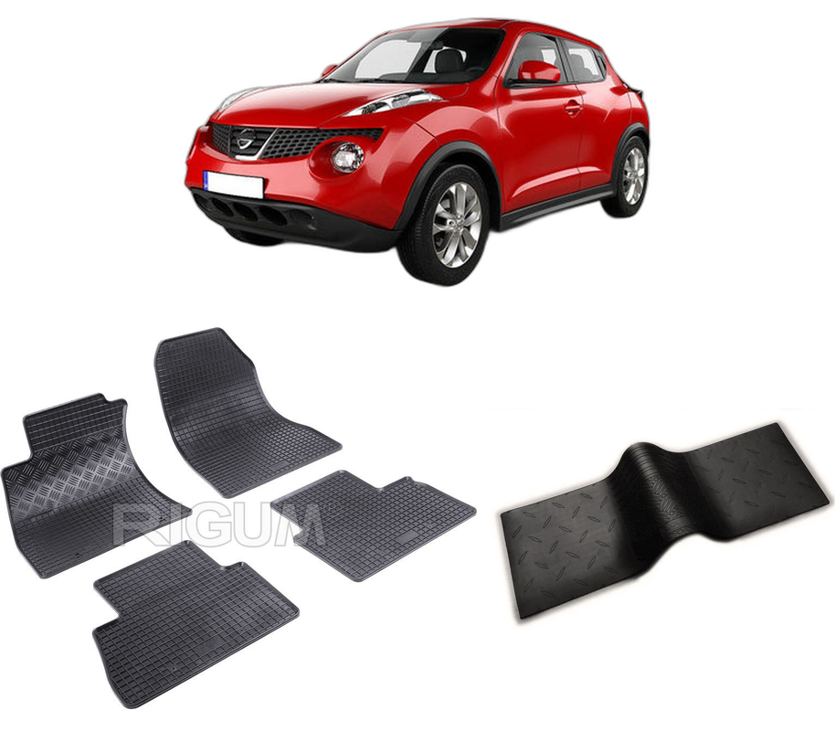 Set covorase auto NISSAN JUKE I din 06.2010-05.2014, cu covoras tunel median, CAROSERIE SUV, Presuri cauciuc 100%, compatibil cu autoturismul NISSAN JUKE I, Rigum