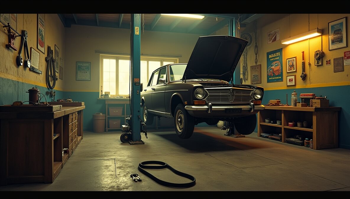 Классическое авто на подъемнике в гараже