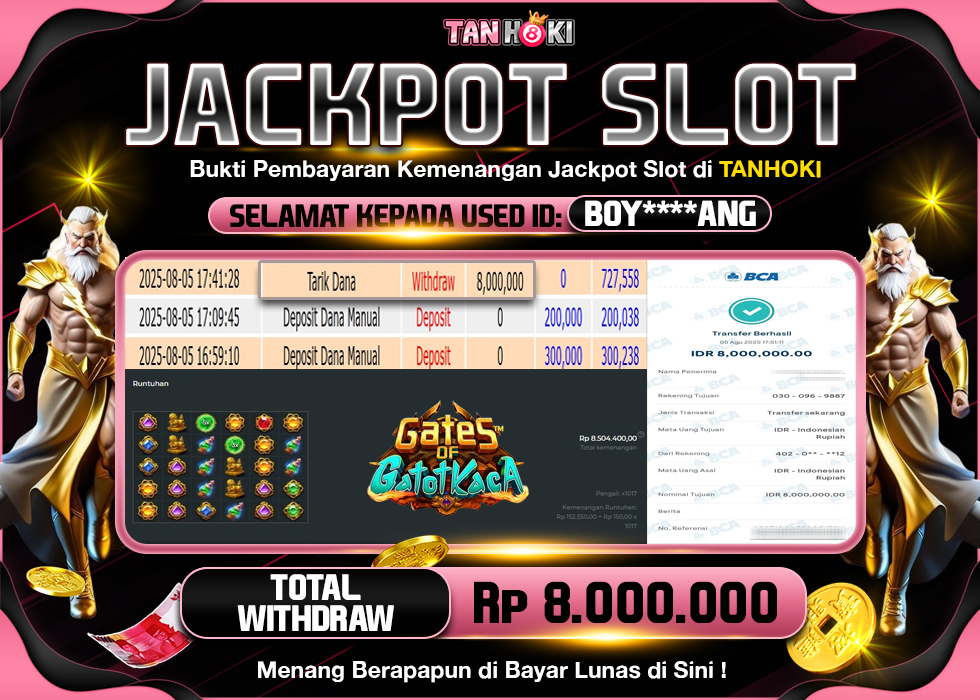 TANHOKI JACKPOT SLOT GATES OF GATOT KACA Rp.8.000.000,- LUNAS