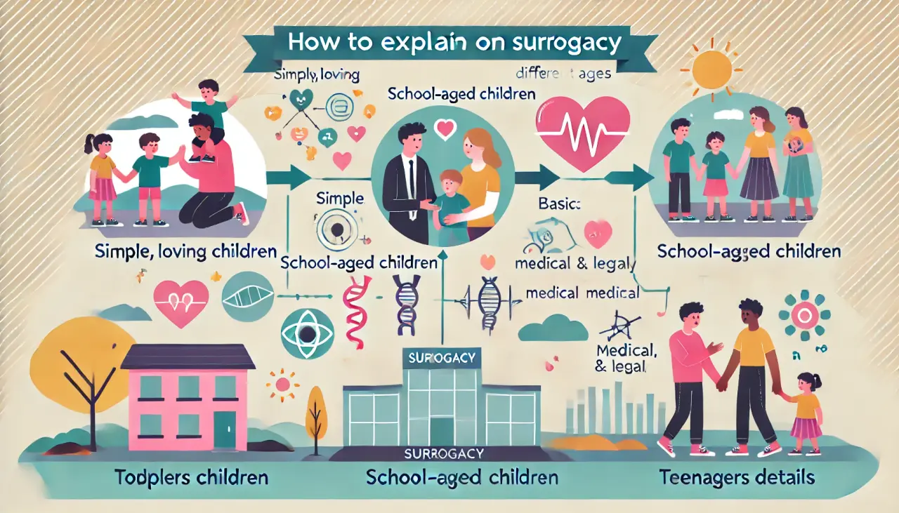 Steps for age-appropriate surrogacy explanations for toddlers, school-aged children, and teenagers.
