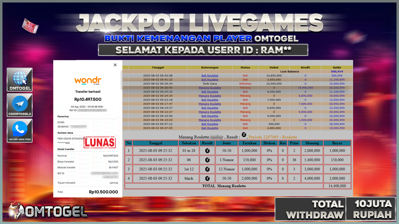 OMTOGEL JACKPOT LIVEGAMES ROULETTE 10 JUTA LUNAS ,-