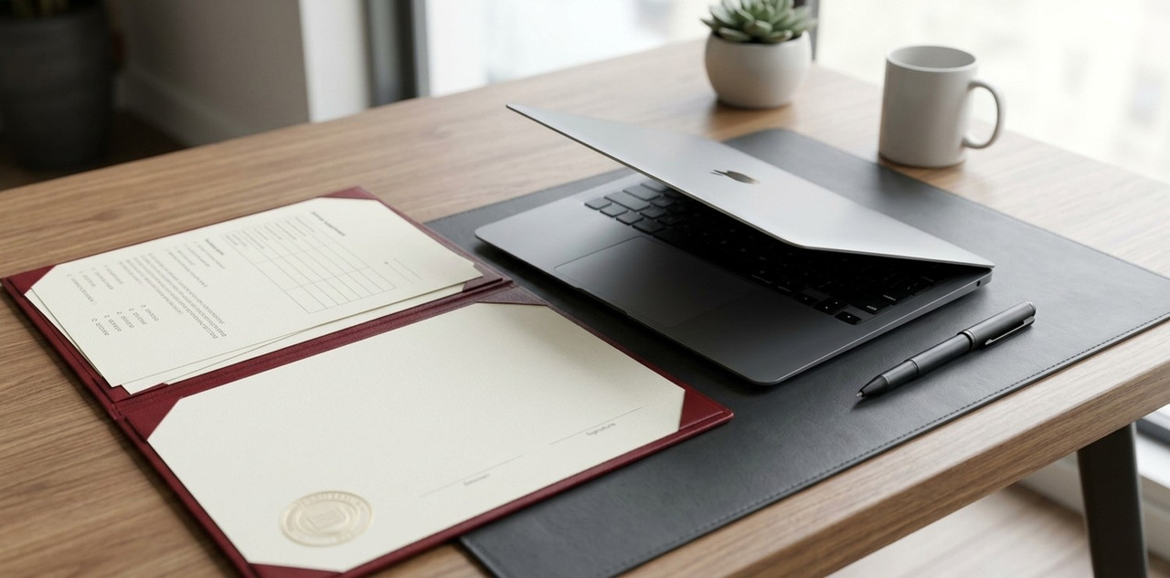 open diploma and diploma supplement beside a laptop and pen