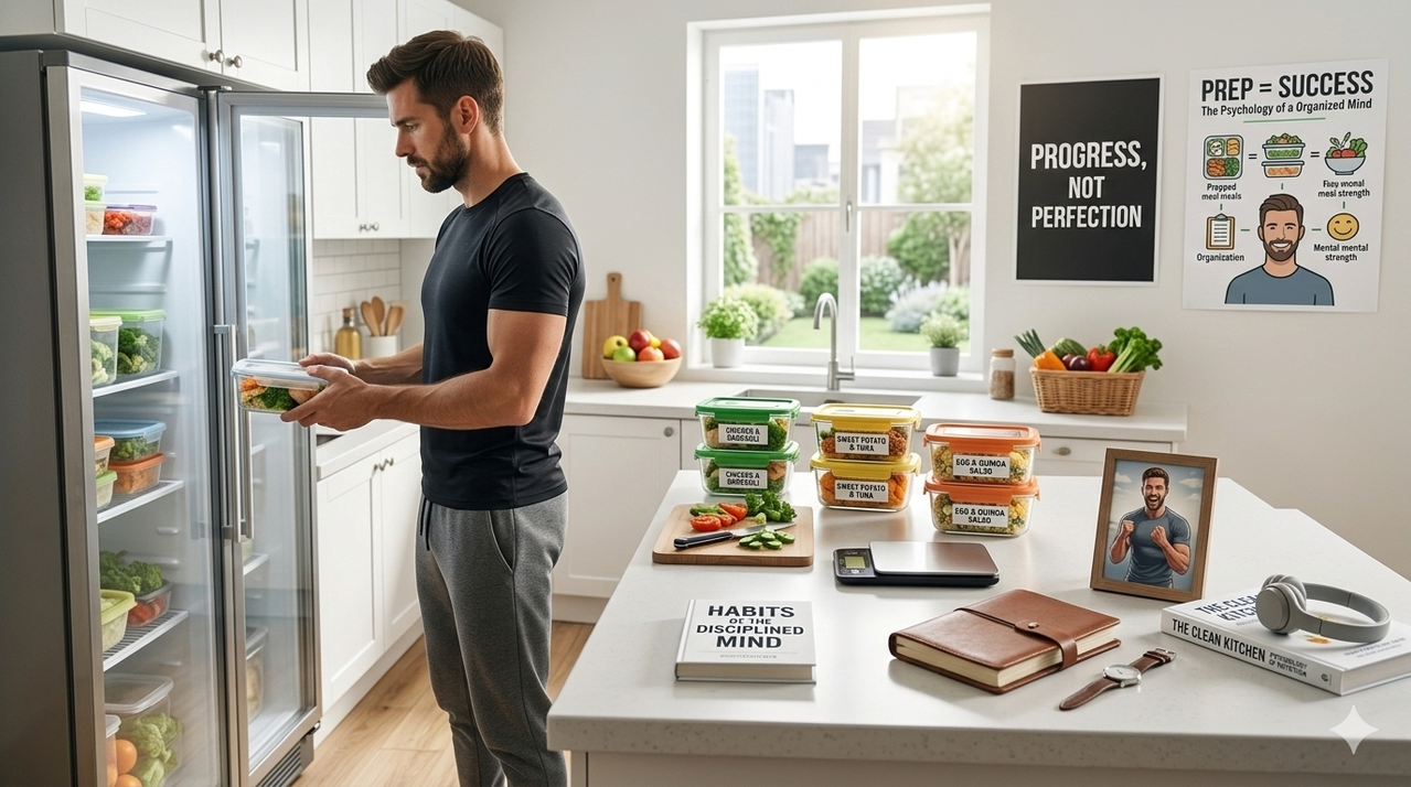 Organized kitchen with prepped meals and no junk food for psychological side of cutting and how to stay motivated