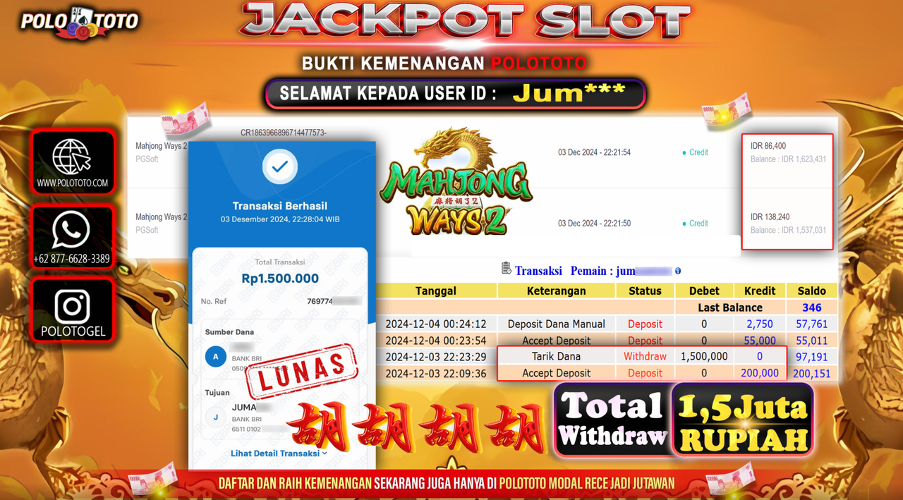 POLOTOTO JACKPOT SLOT MAHJONG WAYS 2 Rp.1,500.000,-