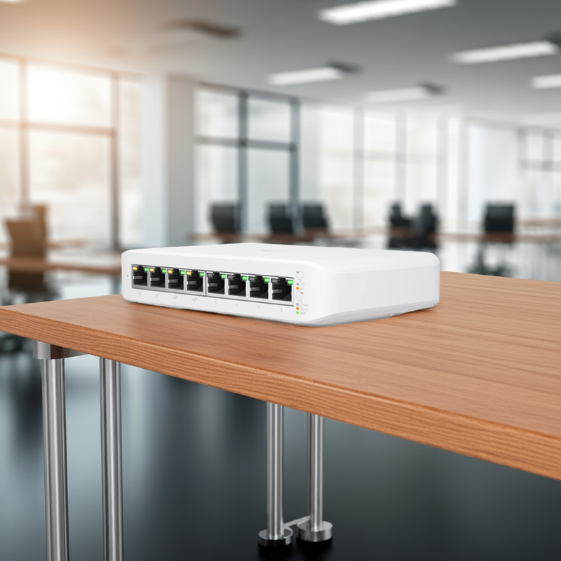 Switch USW-Lite-8-Poe sobre uma mesa, mostrando seu design compacto