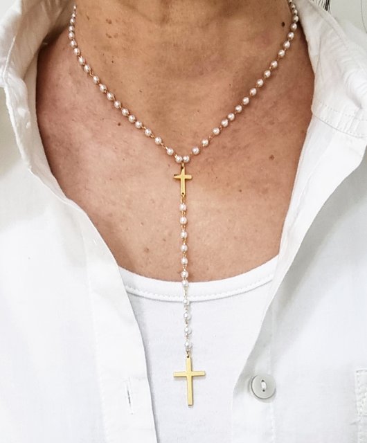 Collana Rosario Per Donna Con Croce Cattolica, Perle Artificiali 6mm, Colore Argento, Regalo Ideale Per Comunione E Cresima