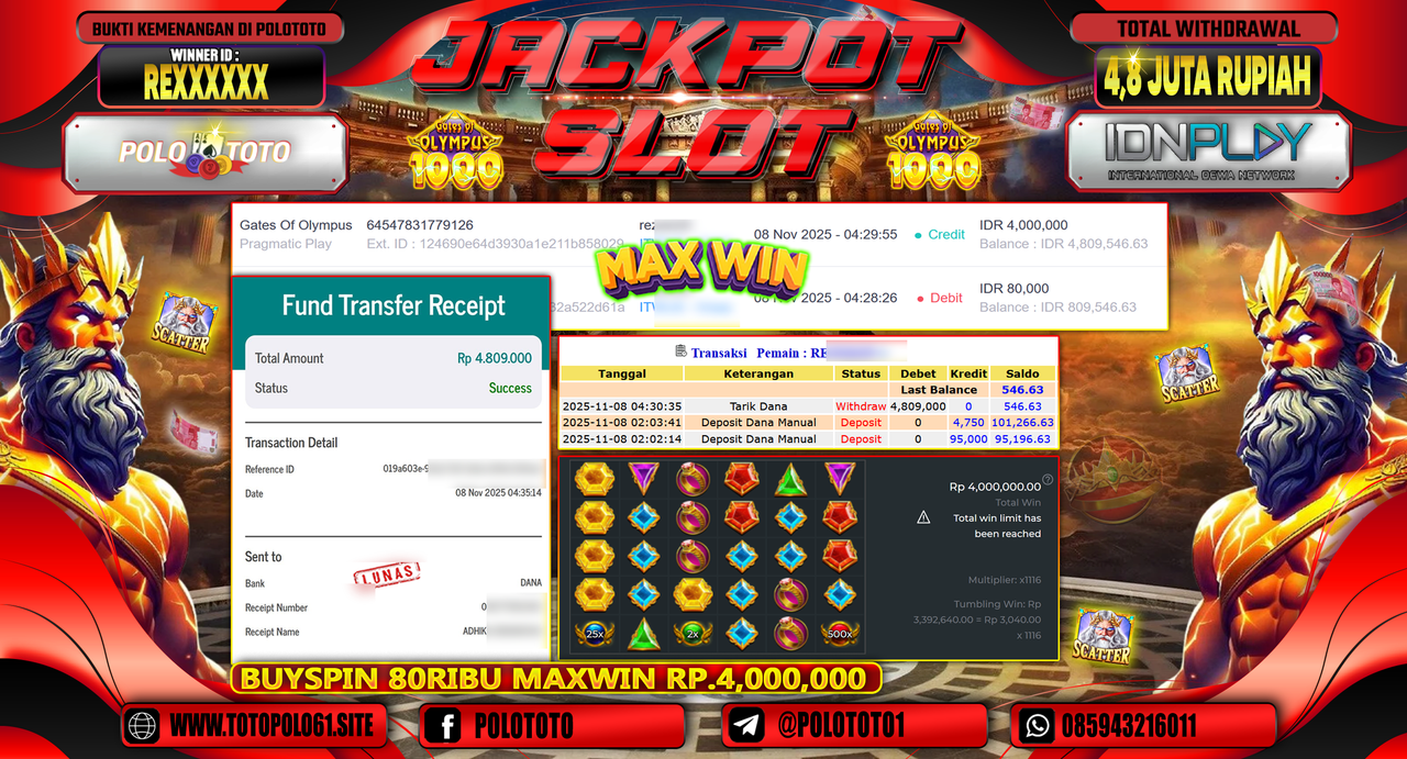 POLOTOTO JACKPOT SLOT GATES OF OLYMPUS Rp.4.800.000,- LUNAS