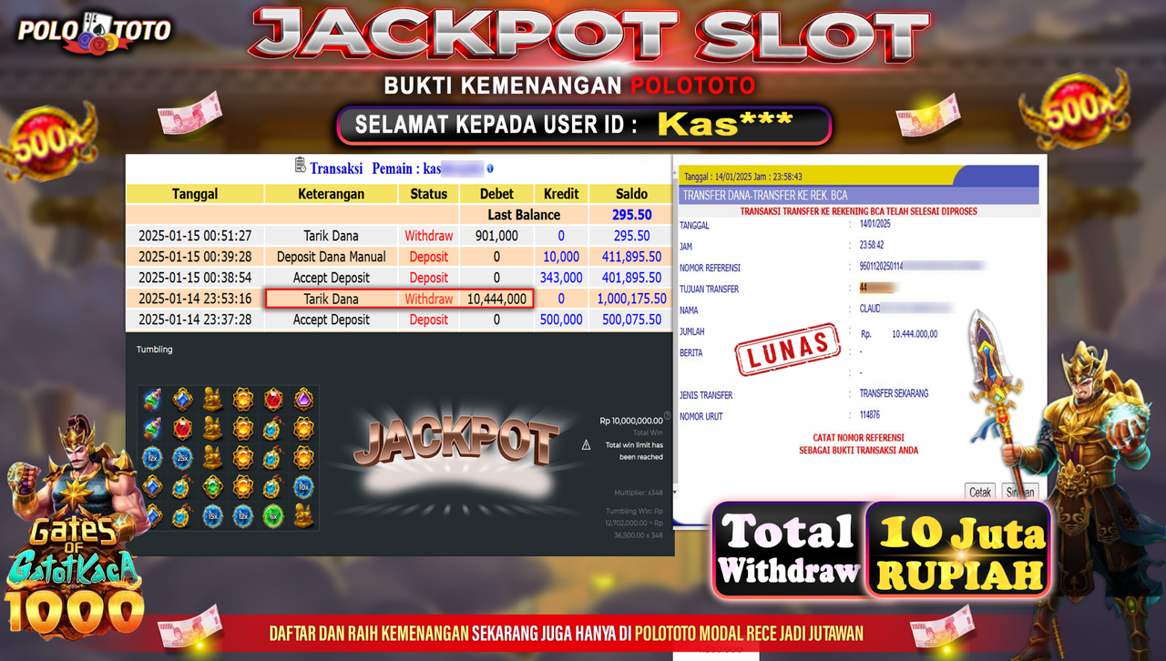 POLOTOTO JACKPOT SLOT GATES OF GATOTKACA 1000 Rp.10,444.000,-