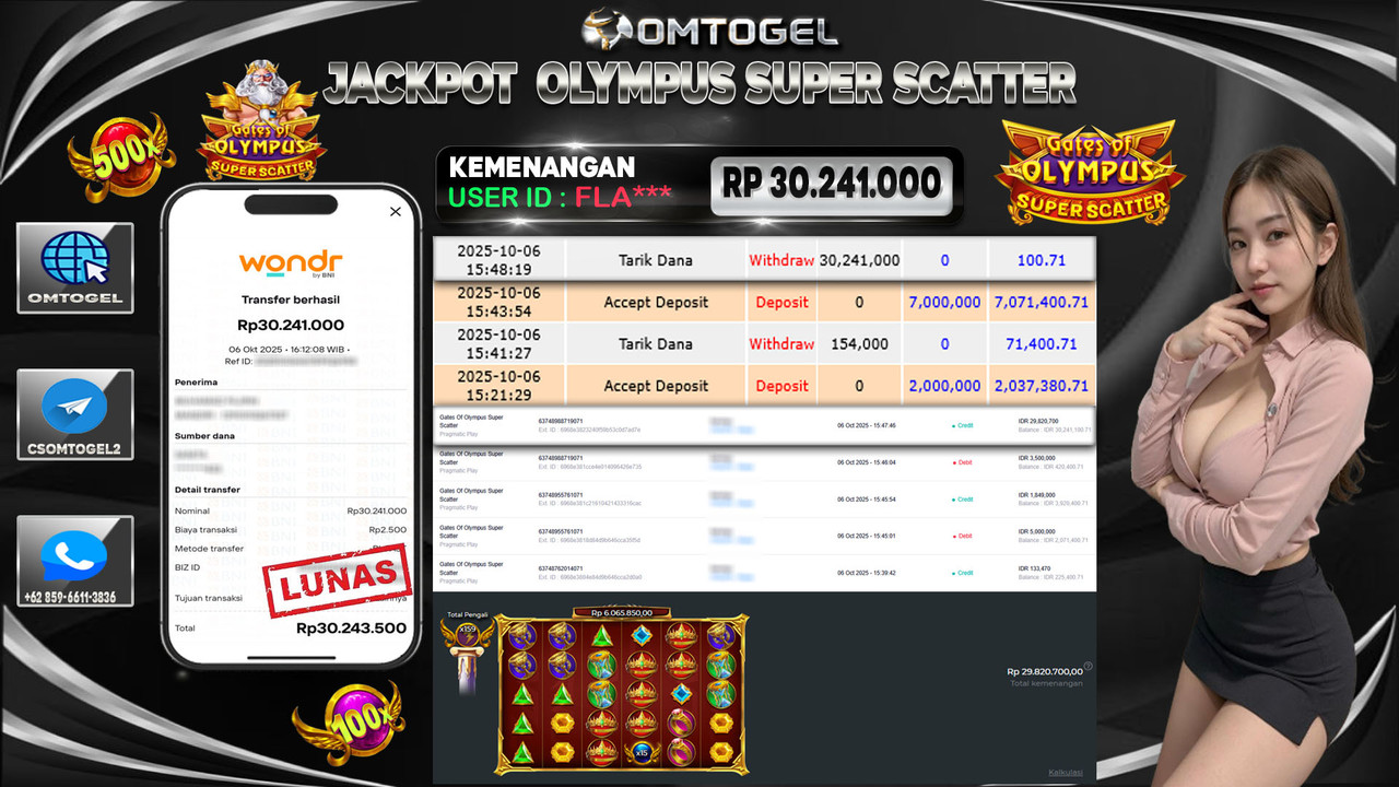 OMTOGEL JACKPOT PRAGMATIC PLAY GATES OF OLYMPUS SUPER SCATTER 30 JUTA DI BAYAR LUNAS ,-