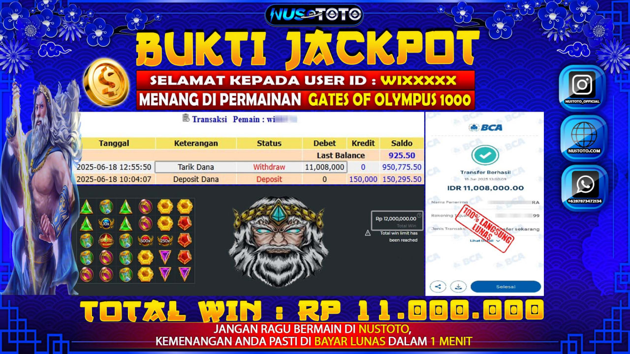 JACKPOT !! MENANG BESAR DI SLOT GATES OF OLYMPUS 1000 Rp. 11.00.000 LANGSUNG DI BAYAR LUNAS NUSTOTO !!