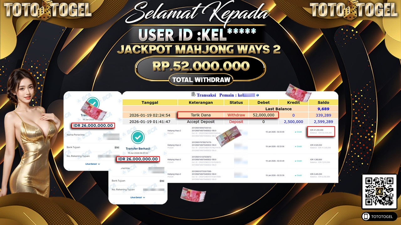 Bukti Pembayaran Jackpot Permainan Slot Mahjong Ways 2 ID:KEL*****LUNAS