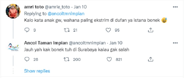 Jawaban kocak admin Twitter Ancol dalam menanggapi komentar warganet terkait spirit doll di Dufan.