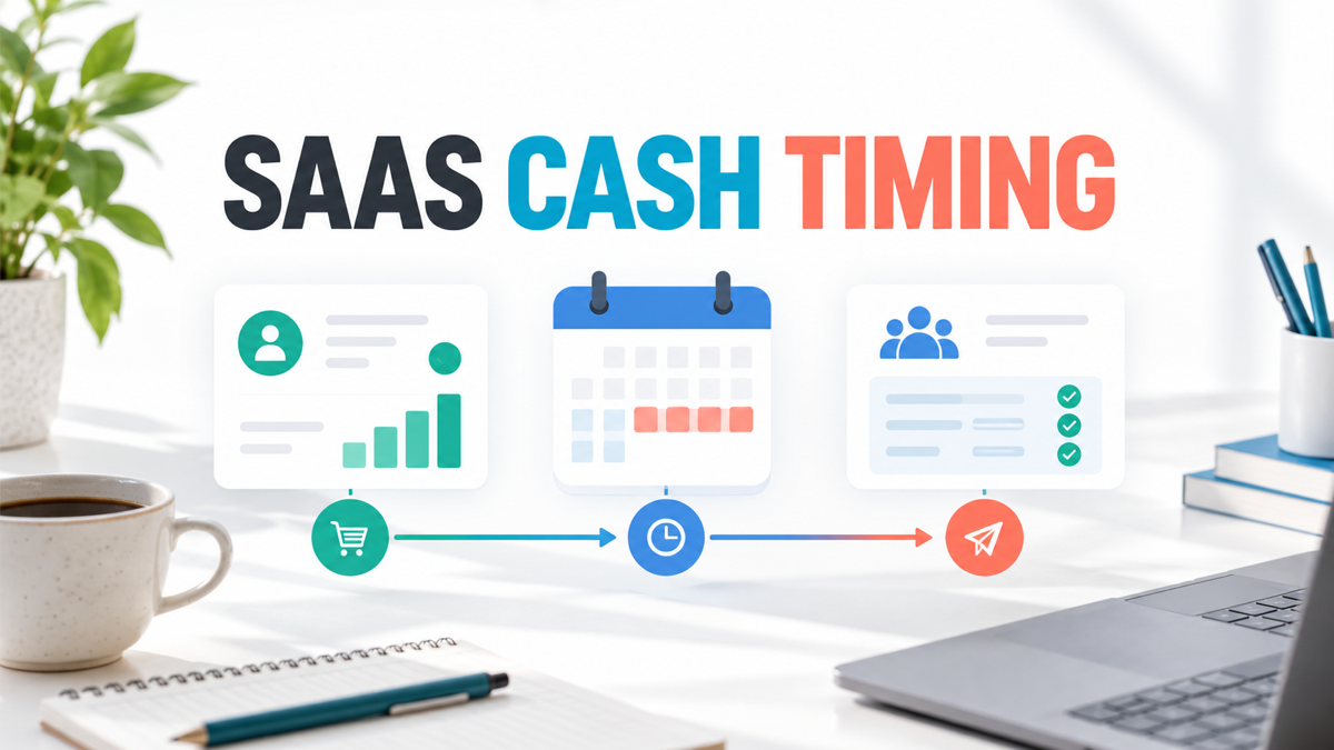 SaaS affiliate commission cash timing with customer receipts, a review window, and a partner payout calendar