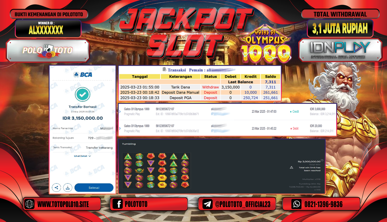 POLOTOTO JACKPOT SLOT GATES OF OLYMPUS 1000 Rp.3.150.000,-