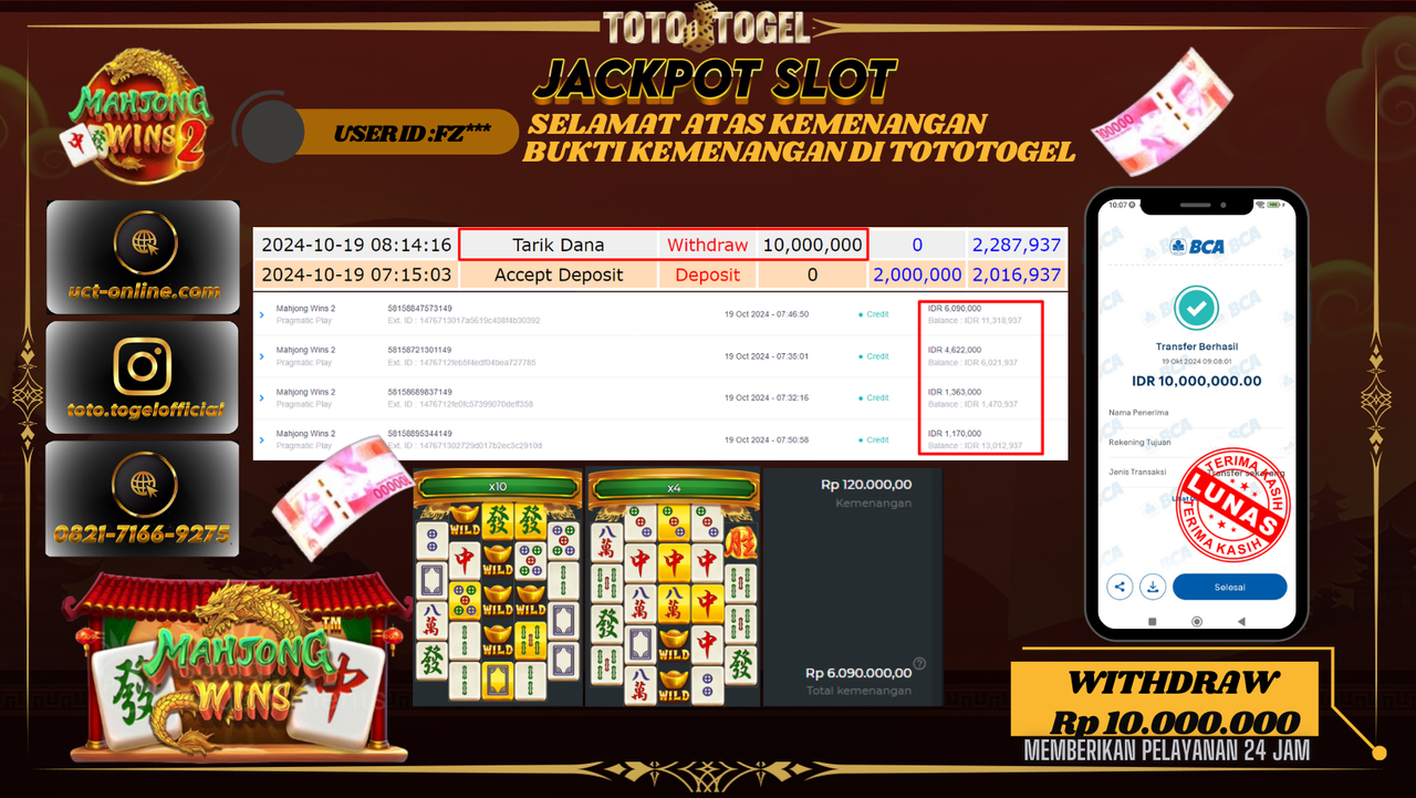 Bukti Kemenangan Permainan Jackpot Slot Mahjong Wins 2 ID : FZ*** Terbayar Lunas!!