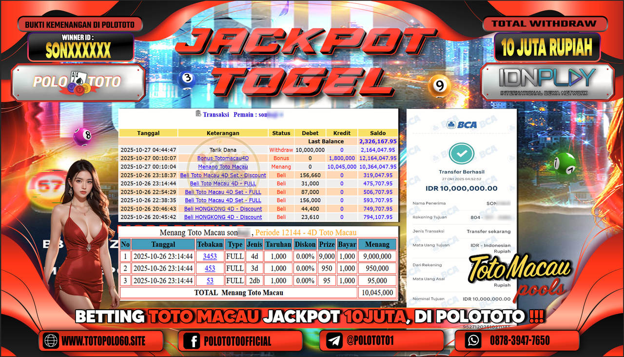 POLOTOTO JACKPOT TOGEL MENANG TOTO MACAU Rp.10.000.000,- LUNAS