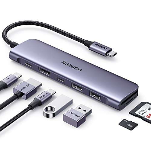 Amazon: Adaptador 7 en 1 Ugreen, USB-C a HDMI, USB-A, SD, Micro SD.