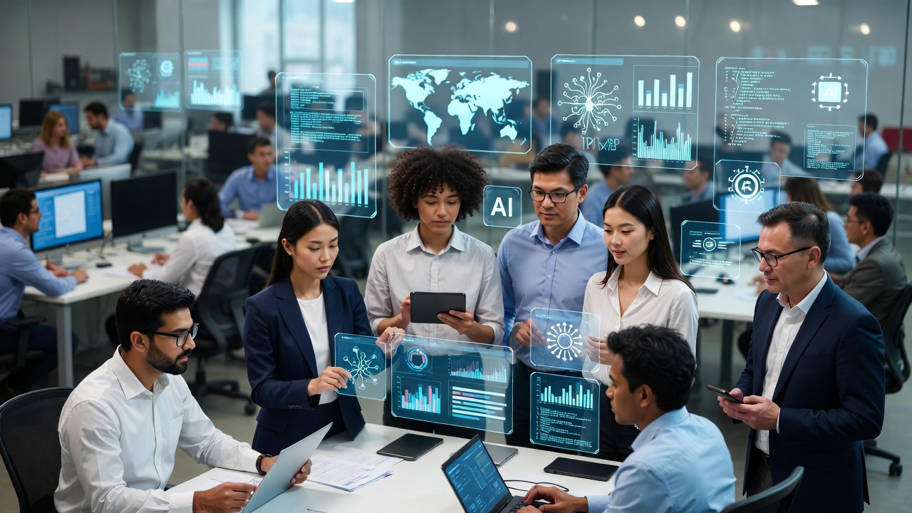 A diverse team of professionals in a modern office, collaborating and working alongside various digital AI interfaces and holographic data displays.