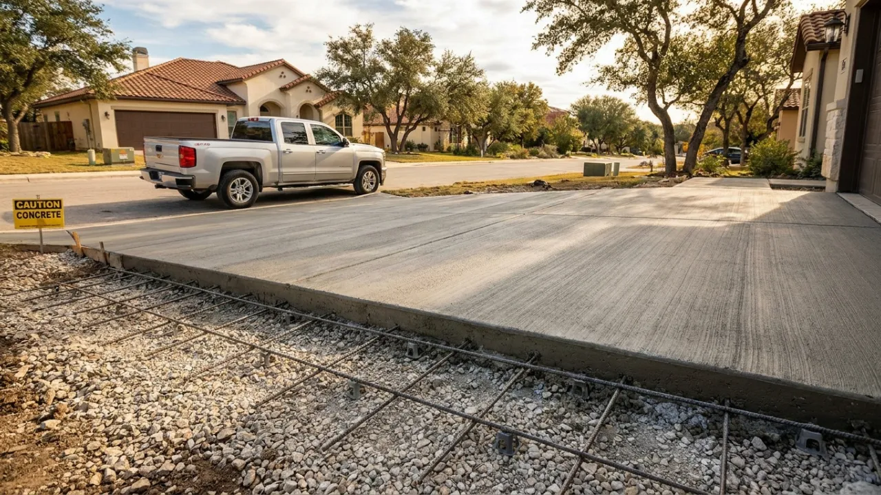 Newly installed concrete driveway in San Antonio, TX — smooth broom finish on a 5-inch slab with compacted base and rebar, installed by Affordable Concrete San Antonio driveway cement contractors