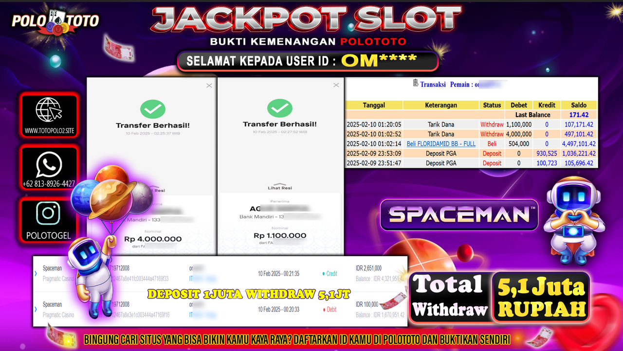 POLOTOTO JACKPOT SLOT SPACEMAN Rp.5,100.000,-