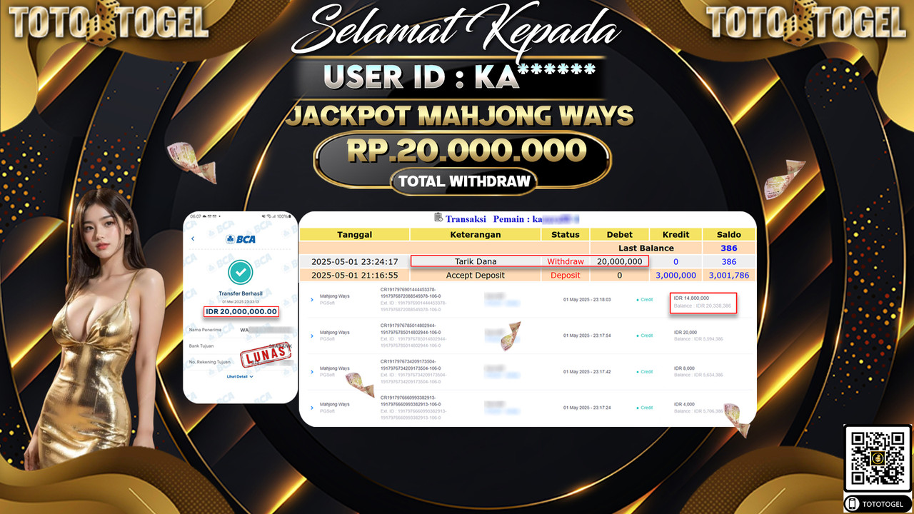 Bukti Pembayaran Jackpot  Permainan Slot Mahjong Ways ID:KA***** LUNAS