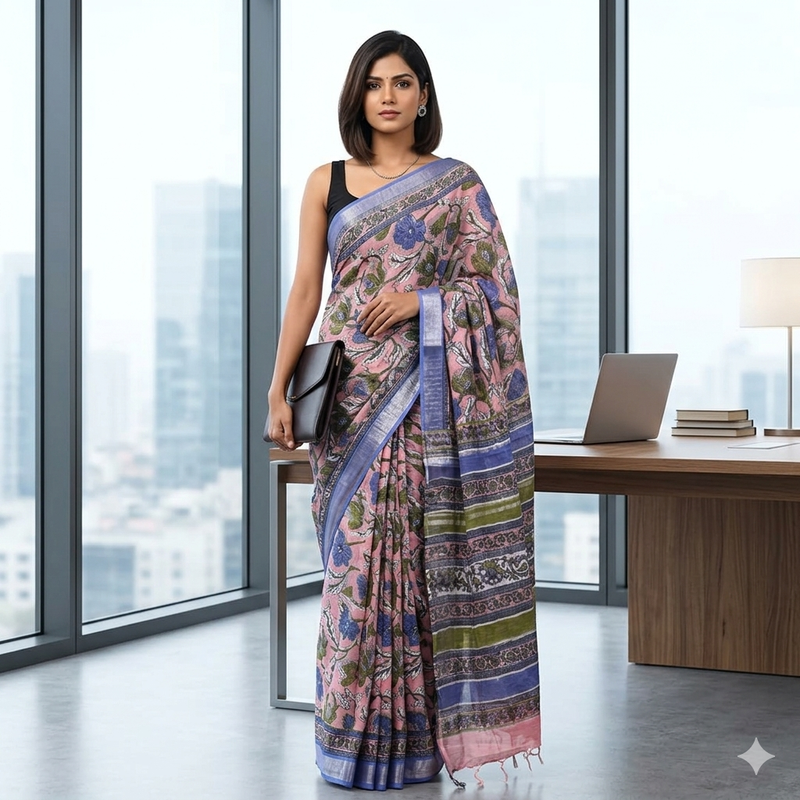 Qyaari Linen Saree with Blouse Piece | Hand Block Printed | Soft & Breathable Fabric | Traditional Wear