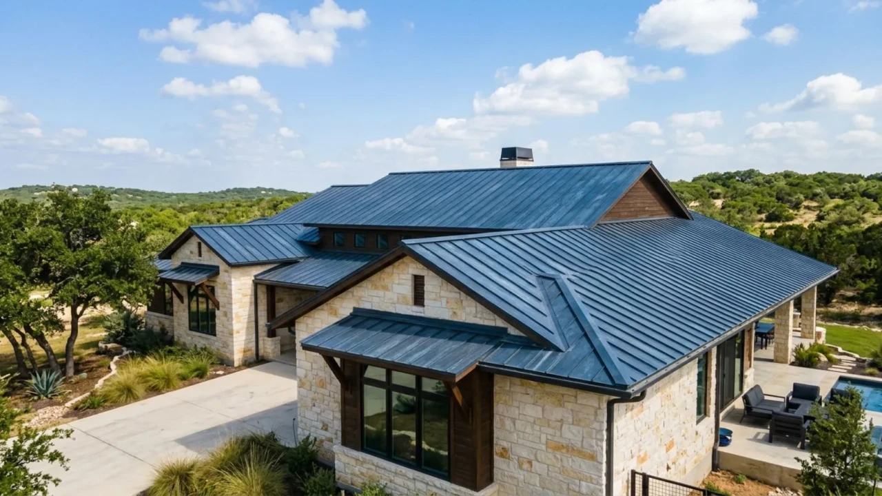 Zinc roof on a San Antonio custom home showing full patina with blue-grey color