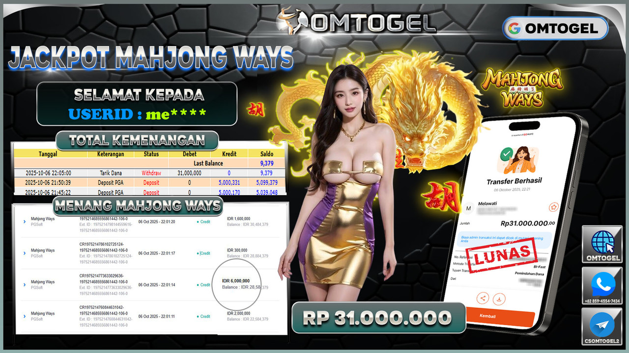 OMTOGEL JACKPOT PGSOFT MAHJONG WAYS 31 JUTA DI BAYAR LUNAS ,-