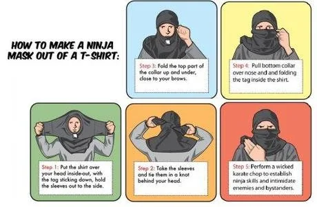 How to make a ninja mask out of a tee shirt Step 1: put the shirt over your head inside out, with the tag sticking down, hold the sleeves out to the side. Step 2: Take the sleeves and tie them into a knot behind your head. Step 3: Fold the top part of the collar up and under close to your brows. Step 4: Pull bottom collar over nose and fold the tag inside the shirt. Step 5: perform a wicked karate chop to establish ninja skills and intimidate enemies and bystanders.